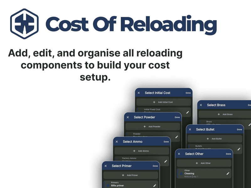 Cost of Reloading component selection interface showing primer, powder, brass, and bullet selection modals