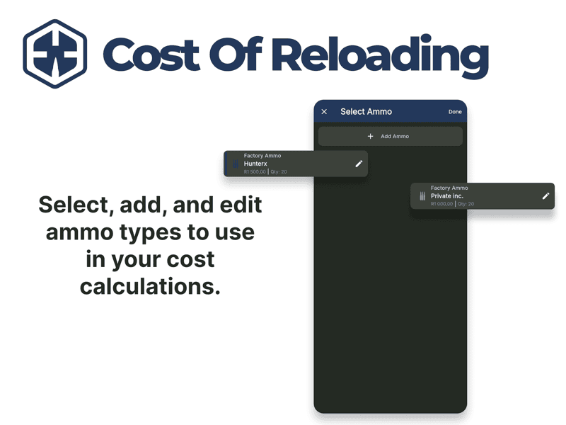 Cost of Reloading factory ammo selection showing add and edit ammo types for cost comparison