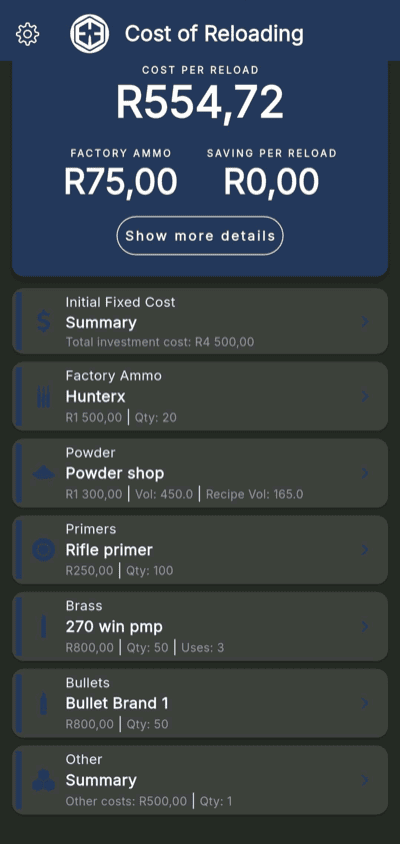 Cost of Reloading main screen showing cost per reload breakdown with component categories