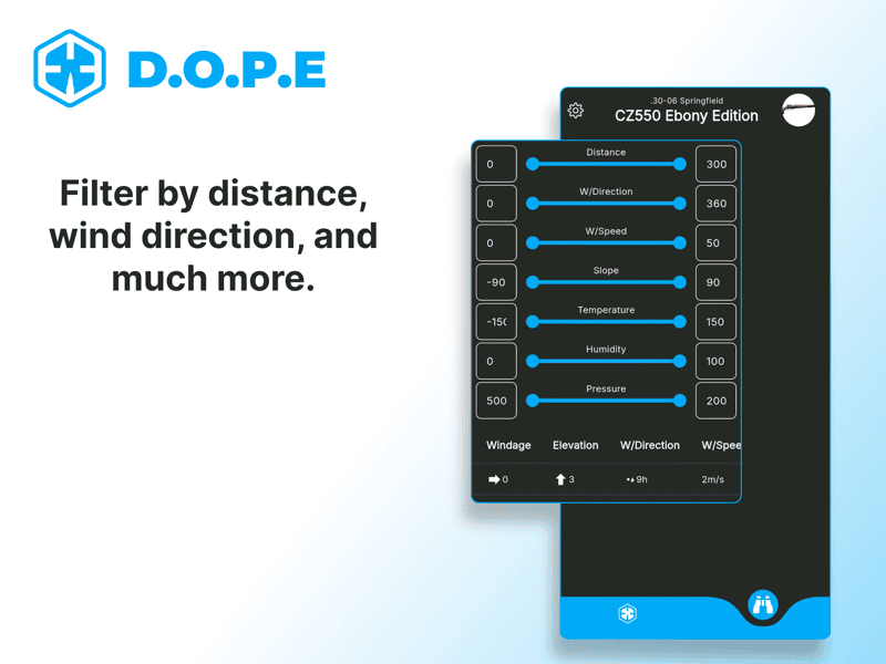 DOPE advanced filtering with sliders for distance, wind, slope, temperature, humidity, and pressure