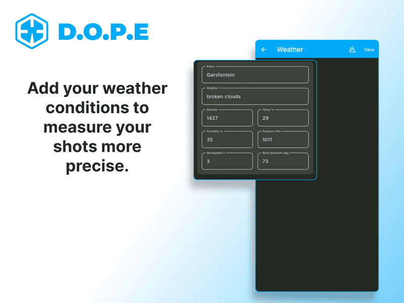 DOPE automatic weather conditions form showing location, temperature, humidity, and wind data