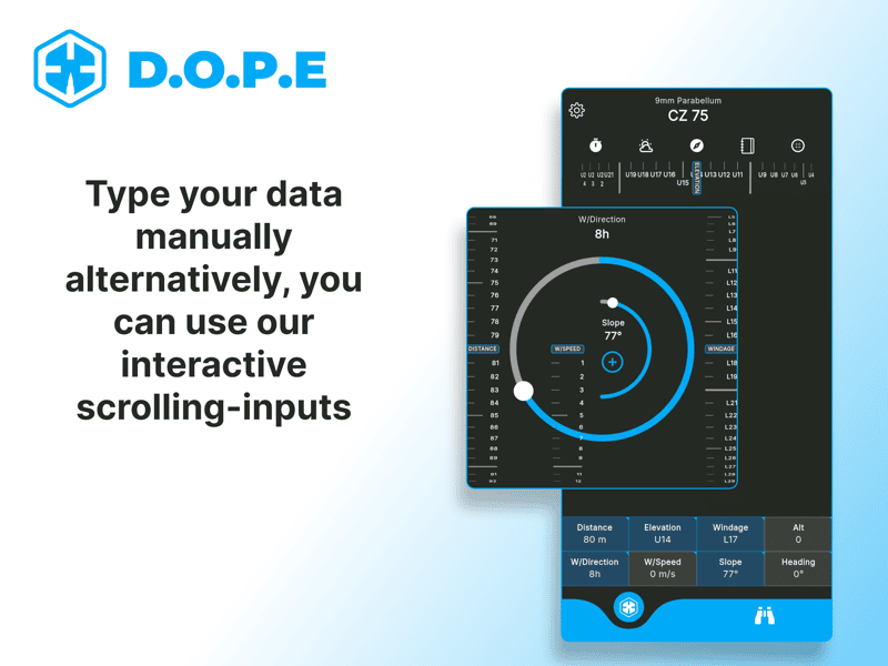 DOPE interactive scrolling inputs with filled data values for distance, elevation, and windage