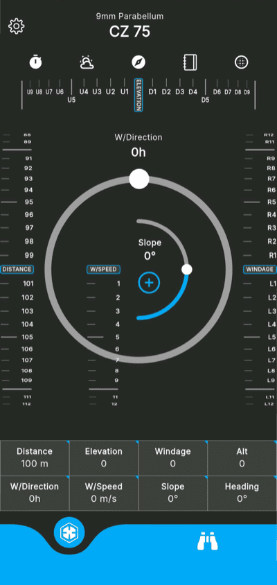 DOPE ballistics notebook main screen showing compass wheel, elevation and windage scrollers