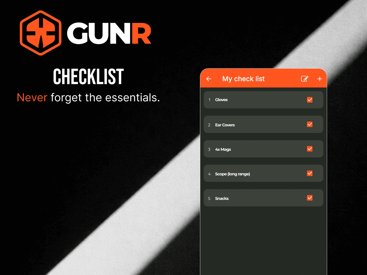 GUNR pre-range checklist with gloves, ear covers, and scope items