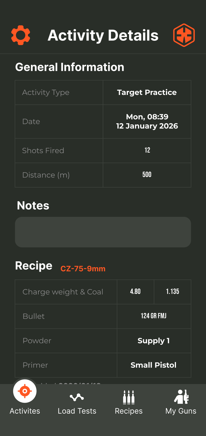 GUNR app Activity Details screen showing target practice session