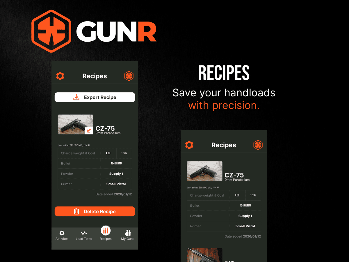 GUNR recipes showing CZ-75 load recipe with components